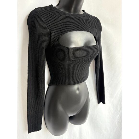 Double Zero New Knit Black Crop Sweater Cutout Size M Basics Closet Staple - Picture 3 of 9